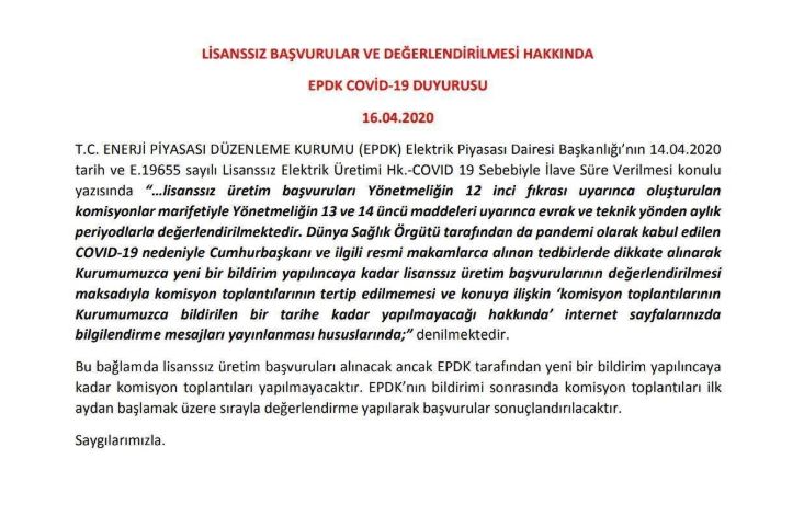 EPDK: Lisansız Başvuruların Değerlendirmesi Ertelendi